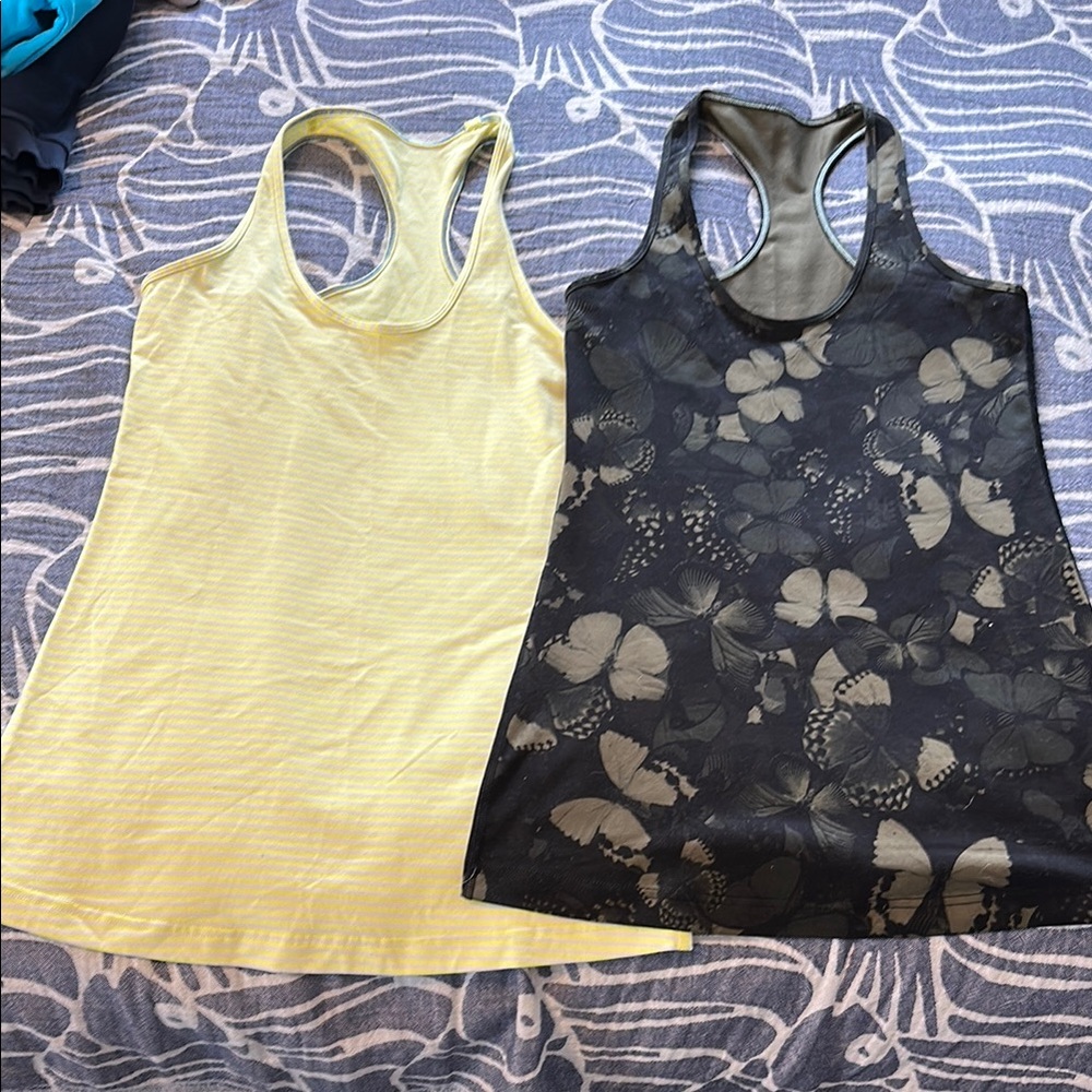 LuluLemon Yellow stripe and Black Butterfly Tank Top bundle!! Sz6
